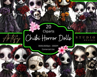 Chibi Horror Dolls Cliparts, Commercial Use, Halloween Scary Serial Killers, PNG, Creepy Sublimation,transparent background Instant Download