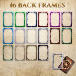 May include: A collection of 16 rectangular card back frames in various colors including teal, green, blue, red, purple, silver, gold, and bronze. The frames feature ornate, symmetrical borders. One frame is shown placed over a card with a spiral design.
