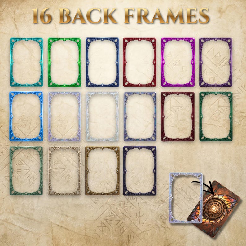 May include: A collection of 16 rectangular card back frames in various colors including teal, green, blue, red, purple, silver, gold, and bronze. The frames feature ornate, symmetrical borders. One frame is shown placed over a card with a spiral design.