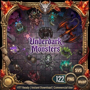 May include: Digital artwork featuring various fantasy monsters, including a dragon, spider, and armored figure. The central text reads "Underdark Monsters." The image is framed with ornate gold and red accents, and includes the text "122 PNG, SVG, WebP."