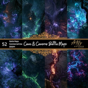 Puede incluir: Una colección digital de 52 mapas de batalla Cave & Caverns con entornos oscuros y atmosféricos, efectos de luz brillantes en violeta, verde, azul y naranja, estructuras cristalinas y sistemas de raíces intrincados para juegos de mesa.
