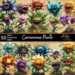 Plantas carnívoras: 50 imágenes prediseñadas de fantasía mortales y encantadoras, PNG con fondo transparente para proyectos creativos, uso comercial