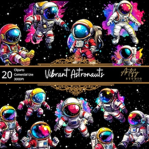 Bundle di clipart di acquerelli di astronauti vivaci, ideale per gli appassionati dello spazio e progetti educativi, PNG, uso commerciale, 300 DPI