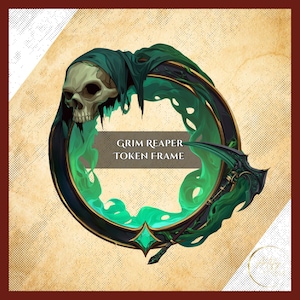 Può includere: Una cornice circolare per gettoni con un teschio con un cappuccio verde e una falce. La cornice ha un bordo nero e oro con accenti verdi e il testo "Grim Reaper Token Frame".