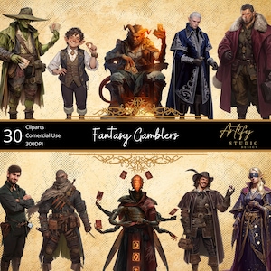 Fantasy Gamblers – 30 personagens e bandidos exclusivos de jogos de azar de fantasia, cliparts de TTRPG, fundo transparente, uso comercial
