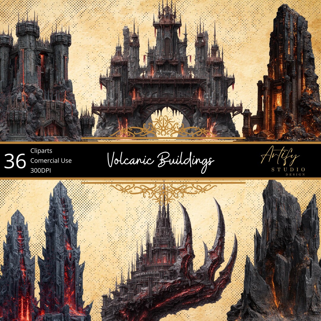Volcanic Buildings – 36 Lava & Magma Fantasy Structures Cliparts for ...