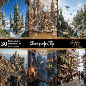 Może przedstawiać: Zestaw cyfrowych dzieł sztuki przedstawiających steampunkowe krajobrazy miejskie. Obrazy prezentują szczegółowe projekty architektoniczne z wieżami zegarowymi, mostami i sterowcami. Grafika zatytułowana "Steampunk City" ma wymiary 21,59 x 27,94 cm.
