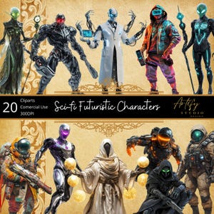 Sci-Fi Futuristic Characters – 20 Unique Cliparts for Your Projects! 300 DPI , Transparent Background , Commercial Use