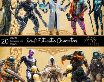 May include: A set of 20 sci-fi futuristic characters, including a robot, a hooded figure, a space explorer, and a cyborg. The characters are all in different poses and have unique designs. The image is set against a background of a vintage parchment with gold accents.