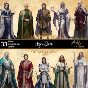 Altos Elfos – 33 Magos Regais em Vestes e Graça, Cliparts de Fantasia TTRPG, Fundo Transparente, Uso Comercial