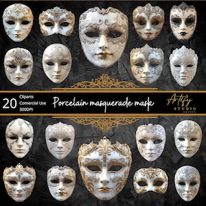 Clipart de masques de mascarade en porcelaine – 20 designs élégants et complexes au format PNG de haute qualité, arrière-plan transparent, usage commercial