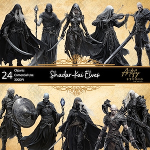 Könnte beinhalten: Ein digitales Illustrationsset mit 24 Clipart-Bildern, die dunkelhäutige Elfen in verschiedenen Posen zeigen. Die Elfen tragen dunkle Kleidung und halten Waffen und Musikinstrumente. Der Text "Shadar-Kai Elves" wird in einem goldenen Banner angezeigt.