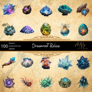 Könnte beinhalten: Eine Sammlung von Fantasy-Cliparts mit verschiedenen farbenfrohen, edelsteinartigen Objekten. Die Bilder zeigen eine Vielzahl von Formen und Farben, wie Blau, Lila, Grün und Orange. Der Text "Dreamroot Relics" wird angezeigt.