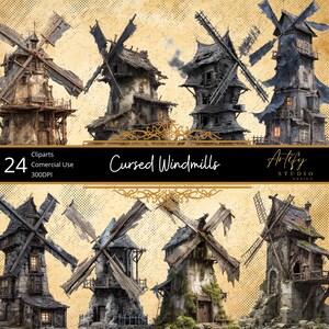 May include: A collection of 24 digital cliparts featuring detailed illustrations of "Cursed Windmills." The windmills are depicted in various states of decay, with weathered wood, broken blades, and a spooky aesthetic. The image includes text that reads "Cursed Windmills."