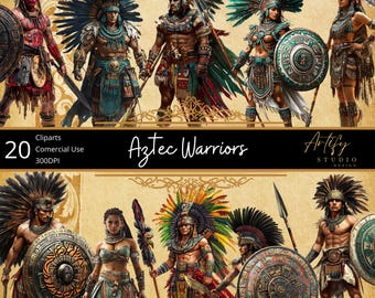 Clipart Azteekse krijgers – felle oude Azteekse krijgers voor creatieve projecten – 20 transparante achtergrond-png's, commercieel gebruik
