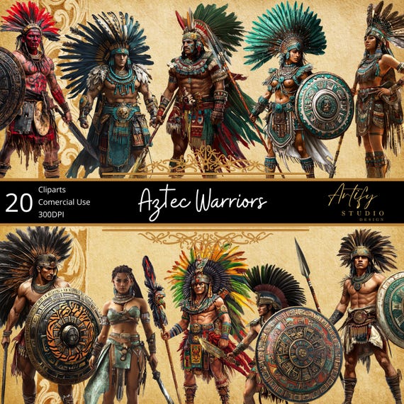 Aztec Warriors Clipart – Fierce Ancient Aztec Warriors for Creative Projects – 20 Transparent Background PNGs , Commercial Use
