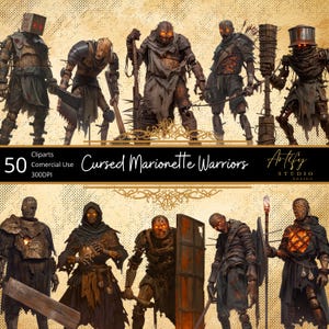 Puede incluir: Clipart digital con Guerreros Marioneta Malditos, figuras animadas estilizadas con ojos naranja brillante y una estética oscura y desgastada. La imagen incluye el texto "Cursed Marionette Warriors". Las figuras están en varias poses.