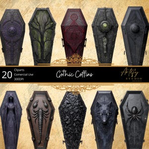 May include: A collection of 20 Gothic coffin cliparts with various designs. The coffins are in shades of black, brown, and purple, with intricate details such as a tree, a scorpion, and a wolf. The text "Gothic Coffins" is displayed.