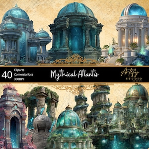 Puede incluir: Una colección de arte digital con 40 cliparts de la mítica Atlántida. La imagen muestra ilustraciones detalladas de arquitectura antigua con cúpulas, columnas y estructuras de color turquesa y verde azulado. El texto "Mythical Atlantis" se muestra en una pancarta negra.