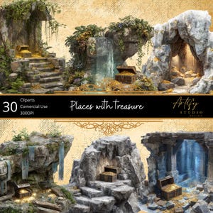 Könnte beinhalten: Digitale Kunstkomposition mit Fantasy-Szenen mit Schatzkisten, Wasserfällen und Steinstrukturen. Der Text "Places with Treasure" wird auf einem schwarzen Banner zusammen mit der Zahl "30" und den Worten "Cliparts Commercial Use 300DPI" angezeigt.