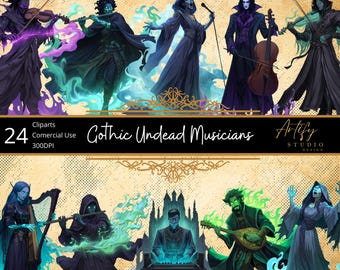 Gothic Undead Musicians – 24 Spectral Character Cliparts for Spooky Projects, RPGs, and TTRPGs , Transparent Background , Commercial use