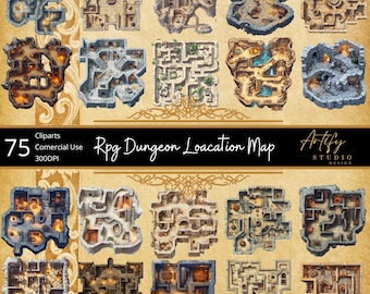 Könnte beinhalten: Ein Set mit 25 Dungeon-Karten für Rollenspiele. Die Karten sind im Fantasy-Stil mit Steinmauern, Korridoren und Räumen gezeichnet. Die Karten sind für die Verwendung mit Tabletop-Rollenspielen konzipiert.