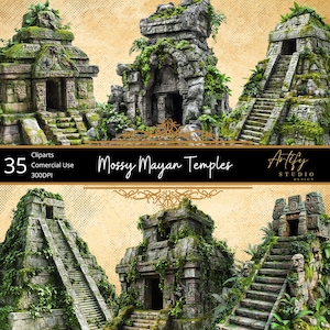 Mossige Maya-Tempel – von der Natur überwucherte alte Ruinen, Fantasy Cliparts, kommerzielle Nutzung