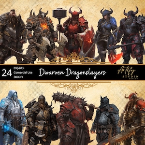 Enanos Cazadores de Dragones: 24 robustos guerreros enanos de fantasía luchando contra dragones, fondo transparente, uso comercial