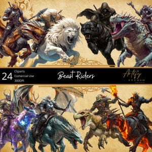 40 Beast Riders – Guerrieri leggendari su creature potenti, sfondo trasparente, uso commerciale