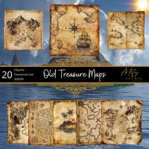 Ancien clipart de cartes au trésor vintage - lot de 20 modèles intemporels, fond transparent, 300 ppp, usage commercial