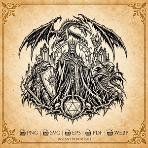 Puede incluir: Una ilustración digital en blanco y negro que muestra una figura esquelética central con túnicas que sostiene un bastón, flanqueada por un guerrero esqueleto con escudo y una figura esquelética encapuchada. Un dragón se cierne arriba.