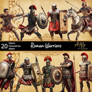 May include: A digital illustration set of 20 Roman warriors in various poses, wearing armor and holding weapons. The warriors are depicted in a realistic style with detailed armor and weapons. The set includes a variety of poses, including standing, kneeling, and fighting. The warriors are all wearing red and brown clothing, and they are holding swords, shields, spears, and bows and arrows. The set is perfect for use in historical illustrations, games, and other creative projects.