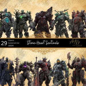 May include: A digital art image featuring a collection of 29 Stone-Heart Sentinels, each a unique, imposing figure with stone-like textures and various color schemes. The figures are in a fantasy style, with some holding weapons.
