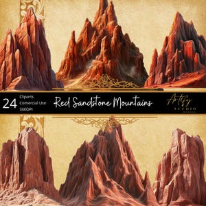 Puede incluir: 24 imágenes de clipart digitales de montañas de arenisca roja. Las montañas están aisladas sobre un fondo blanco. Las imágenes son perfectas para agregar un elemento natural a tus diseños.