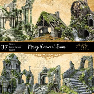 Ruinas medievales cubiertas de musgo: reliquias olvidadas de una época pasada, imágenes prediseñadas de fantasía, fondo transparente, uso comercial