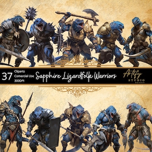 May include: Digital clipart set featuring multiple Sapphire Lizardfolk Warriors in various action poses. The warriors are depicted with blue skin, armored in gold and silver, and wielding weapons like axes, swords, and maces. The image includes the text "Sapphire Lizardfolk Warriors" and "37 Cliparts".