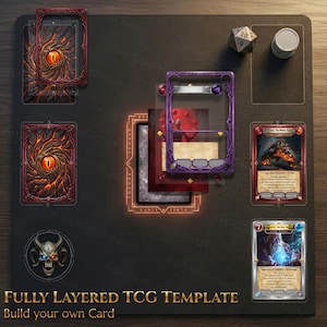 May include: A fully layered TCG template featuring a dark playmat with card backs displaying a fiery dragon eye, a purple frame overlay, a skull icon, a 20-sided die, and two example cards. The text reads Fully Layered TCG Template Build your own Card.