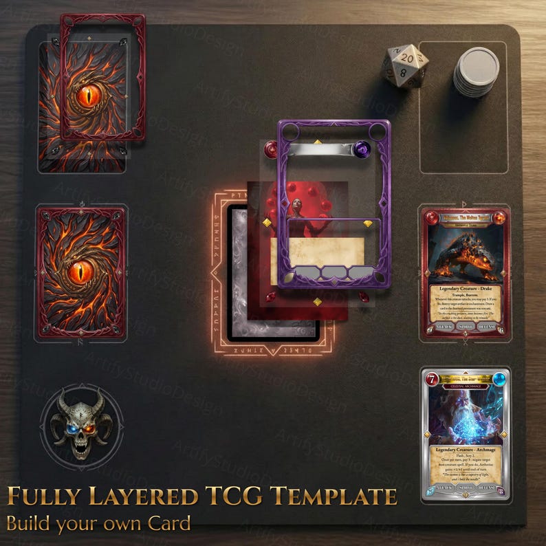 May include: A fully layered TCG template featuring a dark playmat with card backs displaying a fiery dragon eye, a purple frame overlay, a skull icon, a 20-sided die, and two example cards. The text reads Fully Layered TCG Template Build your own Card.