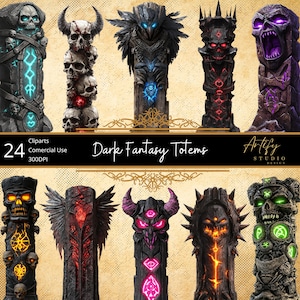 May include: 24 dark fantasy totem clip art images. The totems are made of stone and have various colors, including red, blue, green, and purple. Each totem features a skull with glowing eyes and intricate details.