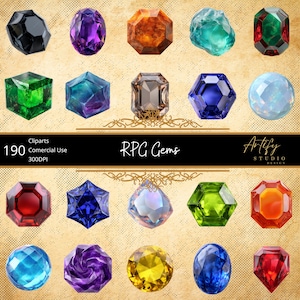Könnte beinhalten: Eine Sammlung von 16 farbigen Edelstein-Cliparts in verschiedenen Formen, darunter Smaragd, Saphir und Rubin. Das Bild enthält den Text "RPG Gems" und "Artify Studio Design". Die Cliparts sind für den kommerziellen Gebrauch.