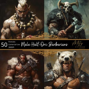 50 portraits barbares demi-orques masculins, portraits numériques de personnages fantastiques TTRPG, MDN, usage commercial