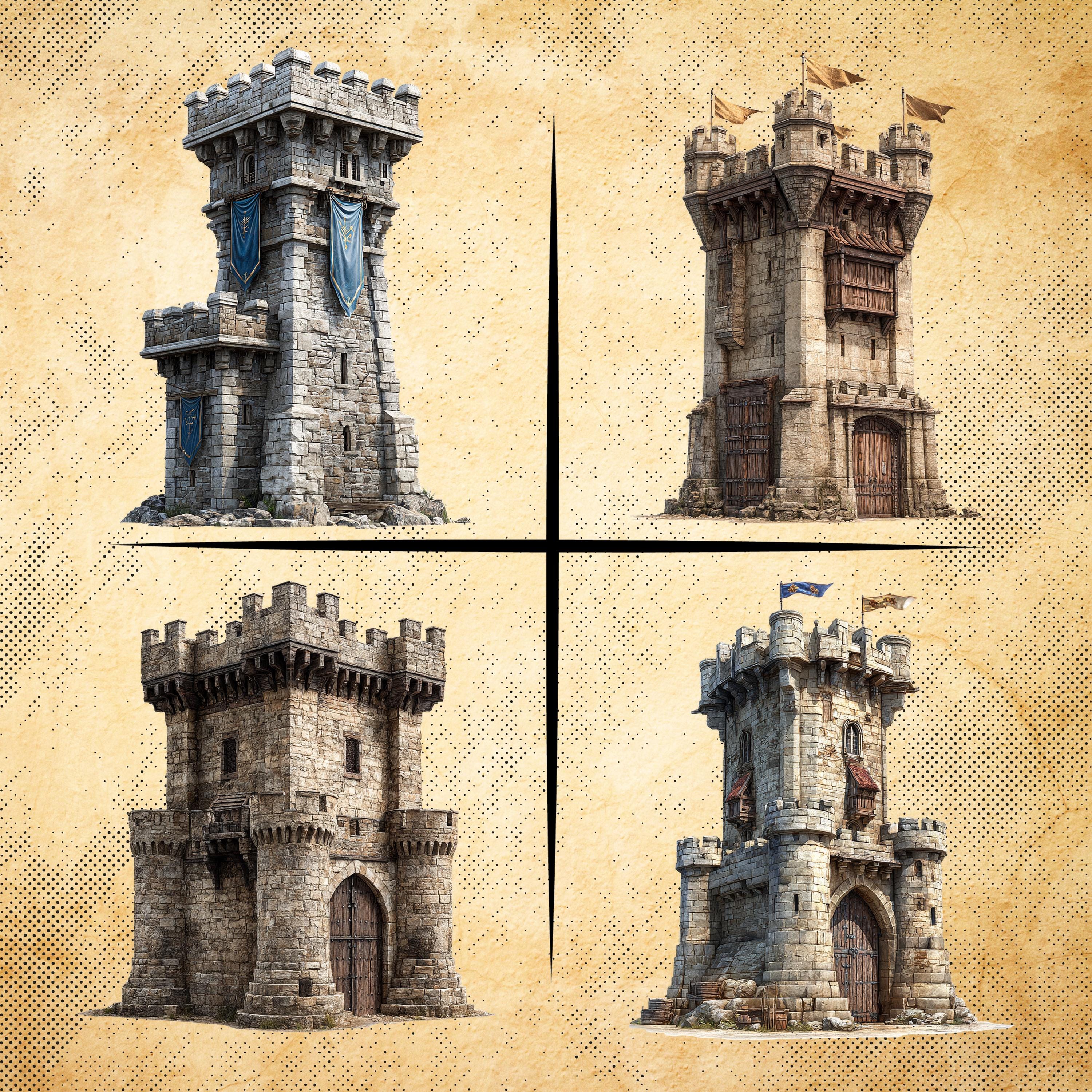  Medieval Guard Towers – 24 Fortified Watchtower Cliparts , Transparent 