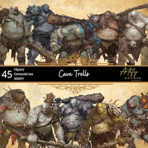Troll delle caverne - Giganti primitivi con clave e forza brutale, clipart fantasy, sfondo trasparente, uso commerciale