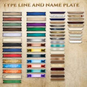 May include: A collection of rectangular and hexagonal name plates in various colors, textures, and metallic finishes, arranged in columns on a parchment-style background. The text TYPE LINE AND NAME PLATE is displayed at the top of the image.