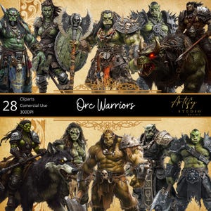 May include: A digital illustration set of 28 Orc warriors, featuring green-skinned humanoid figures with tusks, horns, and weapons. The warriors are depicted in various poses, some riding wolves or boar-like creatures. The image includes the text "Orc Warriors" and "Artfy Studio Design".