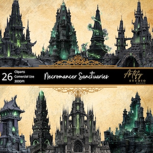 May include: Digital art featuring multiple dark, gothic-style structures with glowing green accents. The image includes the text "Necromancer Sanctuaries" and "Artify Studio Design". The overall theme is fantasy and architecture.