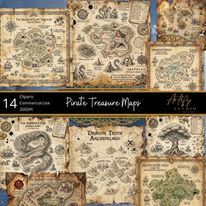 May include: A collection of 14 antique-style pirate treasure maps with detailed illustrations of islands, sea monsters, and landmarks. The maps feature text such as "The Island of Lost Treasure" and "Dragon Teeth Archipelago". The maps are for commercial use.