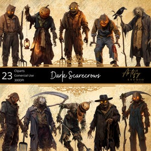 May include: A set of 23 dark scarecrow cliparts. The scarecrows are shown in different poses, wearing ragged clothes, and some have glowing eyes. The image includes the text "Dark Scarecrows" and "Artify Studio Design."