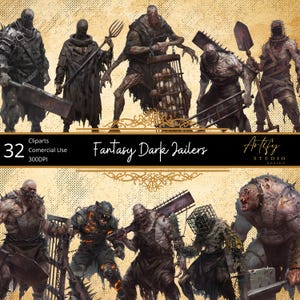 May include: A digital art print featuring a collection of fantasy dark jailers. The figures are depicted in various poses, holding tools and weapons. The image includes the text "Fantasy Dark Jailers" and "Artify Studio Design".