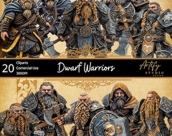 May include: Twenty digital clip art images of dwarf warriors in various poses, wearing armor and wielding weapons. The images are high-resolution and suitable for commercial use.